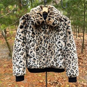 2019 Banana Republic Leopard Print Faux Fur Bomber Jacket Indie Sleaze Boho